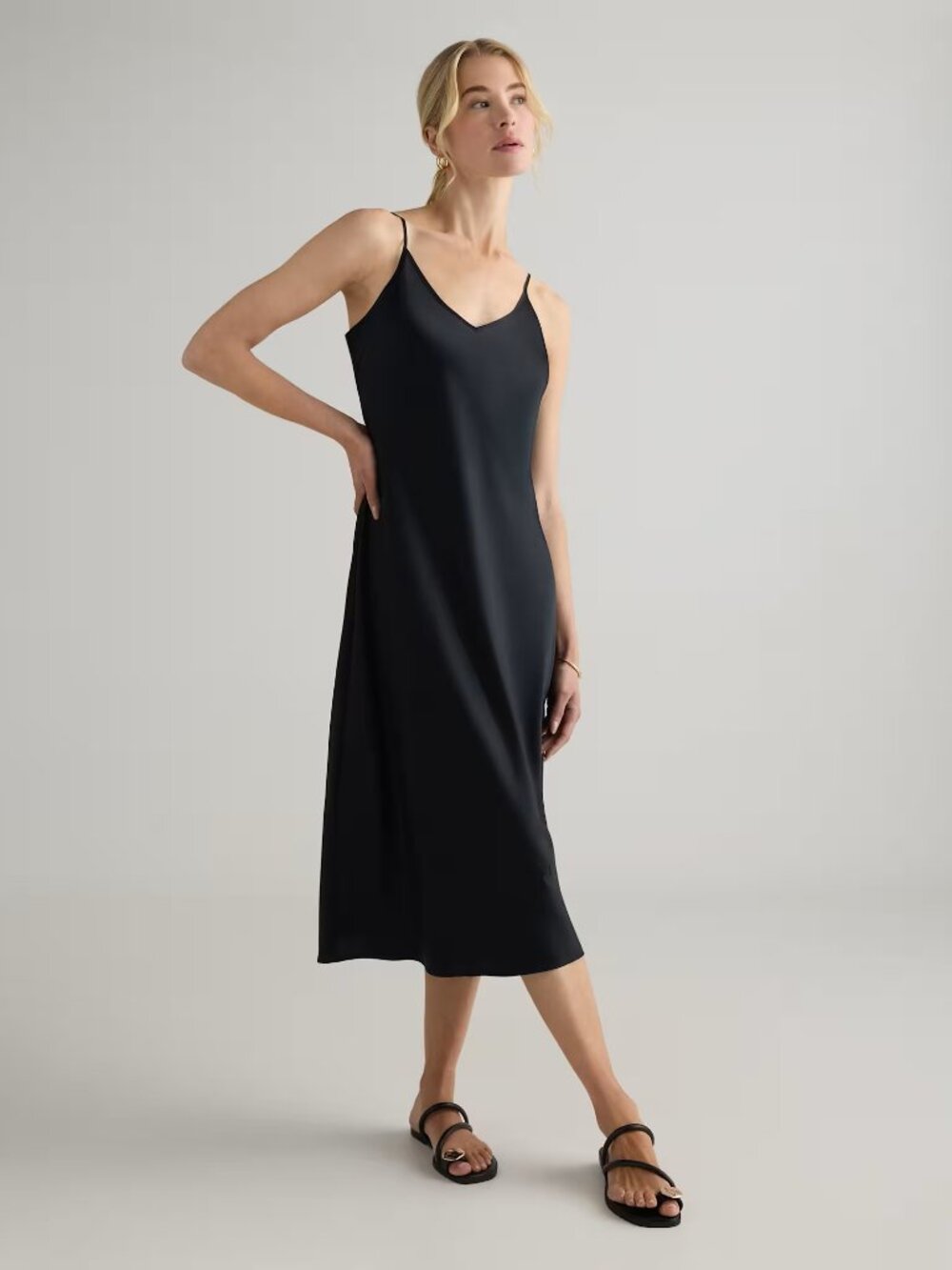 NWT Quince 100% Washable Silk Slip Dress Black Midi Size L